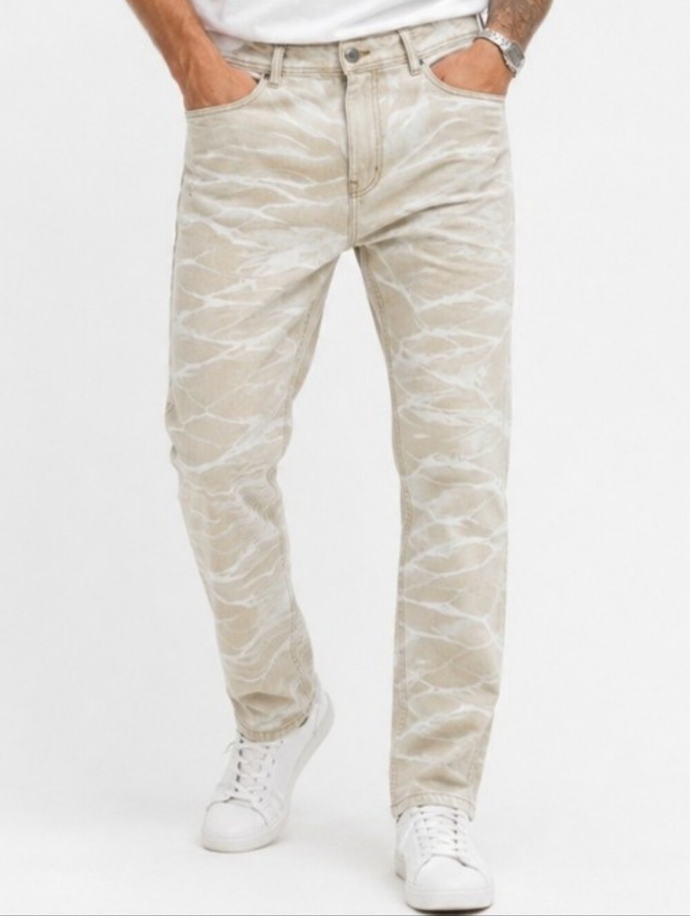 Arketype Apparel Men's Beige Tie Dye Distressed Slim Jeans Crinkle Wash Sz 36/32